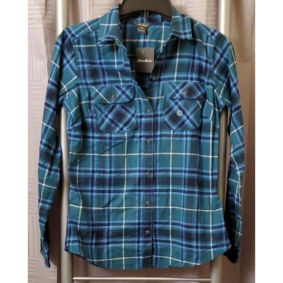 Eddie Bauer Green Blue Plaid 100% Cotton Long Sleeve Forest Flannel Womens XS - Picture 5 of 6